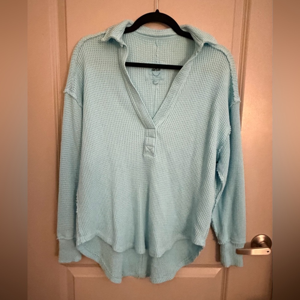 aerie Blue Waffle Knit Hooded Tunic